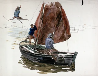 En man och en pojke ombord på en liten segelbåt. Akvarell