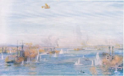 Bombning av Narrows, 18 mars 1915, från Cassells History of the British People utgiven av Waverley Book Company Limited, ca 1940.