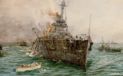 HMS "Audacious" sjunker utanför Loch Swilly efter att ha träffat en mina, 27 oktober 1914, början av 1900-talet (akvarell)