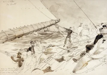 Ombord på den tyska kejserliga yachten "Meteor" (1902), med namnen på besättningsmedlemmarna, inklusive den tyske kejsaren (Kaizer) Wilhelm II (William II) (1859-1941), till höger