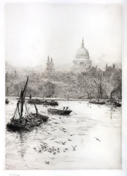 Sjöfart och måsar under St Pauls (akvarell)