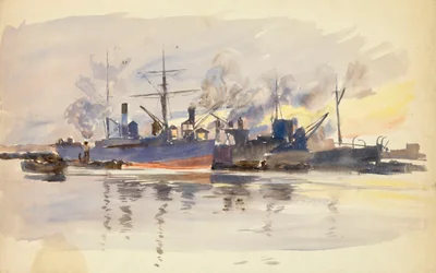 Skiss av handelsfartyg i hamn, sent 1800-tal till tidigt 1900-tal (akvarell)