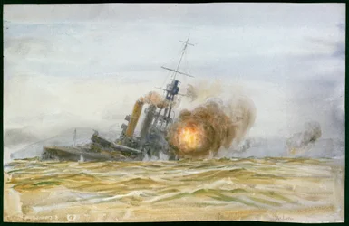 Studie av det tidigare tyska slagskeppet "Baden", med slagsida och under beskjutning som artillerimål 1921
