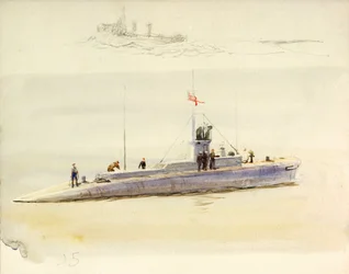 Ubåt J.5 och grov skiss av annat stridsfartyg, tidigt 1900-tal (akvarell, grafit)