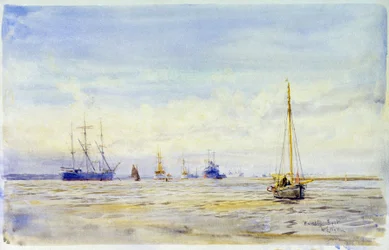 Hamble River (England) och båtliv. Akvarell, sent 1800-tal, av William Lionel Wyllie (1851-1931).
