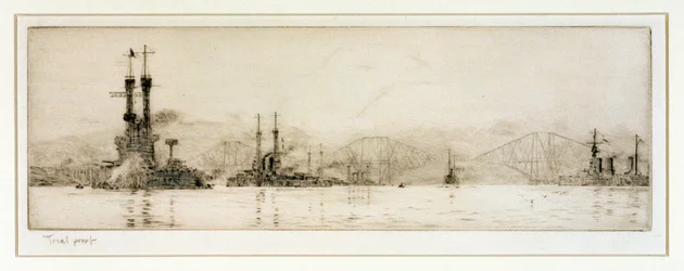 De amerikanska slagskeppen "New York" och "Texas" utanför Rosyth, ca 1918 (etsning, bearbetad med grafit)