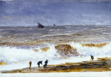 Stranden i Berck sur mer (Berck-sur-Mer) (Frankrike), med upprört hav och personer på stranden. Akvarell, efter 1890, av William Lionel Wyllie (1851-1931).