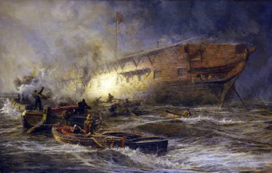 Fregatten "Leonidas", som ligger för ankar nära Upnor på Medway (England), manövrerar mot stormen och solen. Olja på duk