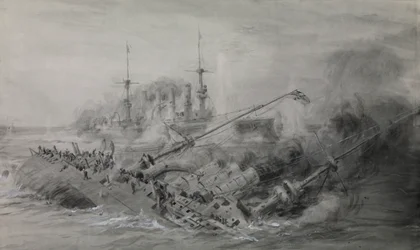De sista av "Scharnhorst" och "Gneisenau"; slaget vid Falklandsöarna, 8 december 1914, ca 16.15, ca 1915-18 (lav, grått, förstärkt med vitt)