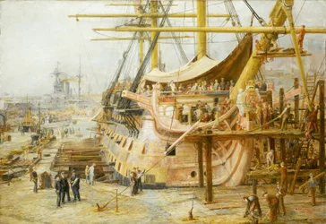 Restaureringen av HMS "Victory", i hamnbassängen i Portsmouth (England), efter lanseringen av en stor nationell finansieringsoperation för att rädda fartyget från segern i Trafalgar (1805), återfördes fartyget till vattnet i april 1925