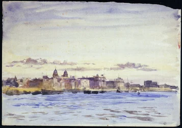 Utsikt över Royal Naval College, i Greenwich (England), på Themsen, i solnedgången, tagen från Blackwall (motsatt strand). Akvarell, tidigt 1900-tal, av William Lionel Wyllie (1851-1931).