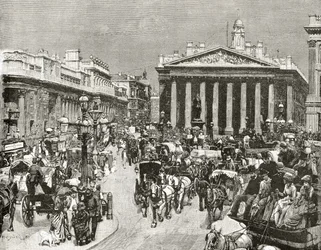 Bank of England och Royal Exchange under artonhundratalet, från "London Pictures: Drawn with Pen and Pencil", av pastor Richard Lovett, publicerad 1890