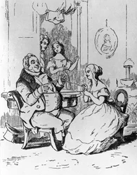 Mr Joseph Sedley intrasslad av Becky Sharp, illustration till första kapitlet av Vanity Fair, roman av William Makepeace Thackeray (1811-1863), gravyr efter teckning av William Makepeace Thackeray (1811-1863), publicerad i Chicago 1882