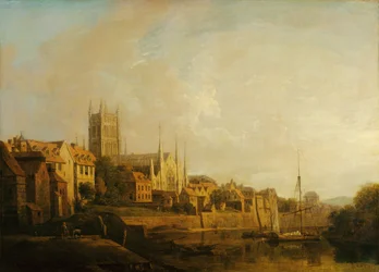 En utsikt över Worcester Cathedral från floden (olja på duk)