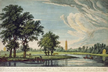 Kew, en utsikt över sjön och ön sedd från gräsmattan, med bron, Arethusas tempel och Victory och den stora pagoden i de kungliga trädgårdarna i Kew