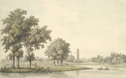 Utsikt över sjön och ön från gräsmattan i Kew, 1763.
