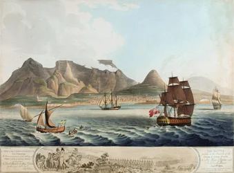 En vy av Kap det goda hoppet...slaget före kapitulationen...8 januari 1806 (färgad akvatint)