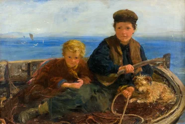 Två pojkar och en hund i en båt, ca 1871 (olja på duk)