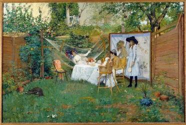 Frukost utomhus omkring 1888 Unga kvinnor i en trädgård, en av henne ligger i en hängmatta. Målning av William Merritt Chase (1849-1916) 1888 Toledo. Museum of Arts
