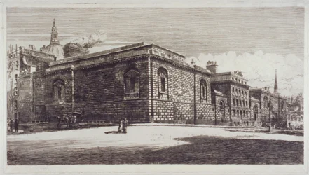 Utsikt över Newgate Prison, Old Bailey, från Newgate Street, City of London, c1900