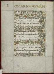 (Hela folio) Omar Khayyams Rubaiyat, verserna 4-6. Kalligrafiskt skriven och dekorerad av William Morris, med bårder av bladverk och blommor