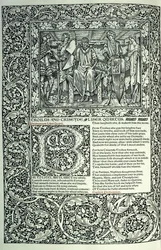 Scen från "Troilus och Criseyde", historisk initial "B", manuskript med hel sidkant, 1896