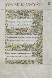 Rubaiyat av Omar Khayyam; verserna 55-57. Kalligrafiskt skriven och dekorerad av William Morris, med bårder av bladverk och blommor