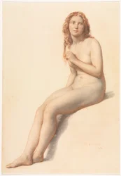 Kvinnlig nakenmodell, sittande, trekvartsbild framifrån, 1859