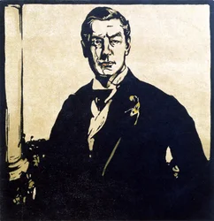 Rt. Hon. Joseph Chamberlain (1836-1914) illustration från "Twelve Portraits - Second Series", publicerad 1899 (handfärgat träblock)