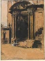 Dörröppningen till det gamla Ashmolean Museum, Oxford (penna & bläck, svart krita & tvätt med vit förhöjning på kalkerpapper)