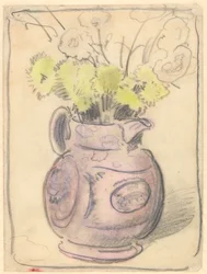 Vas med blommor: gula krysantemum i en lysterkanna (svarta och färgade kritor på papper)