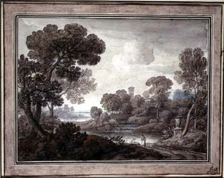 Klassiskt landskap, ca 1770 (penna & bläck och akvarell på papper)