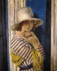 Mrs Hone i en randig klänning, ca 1912