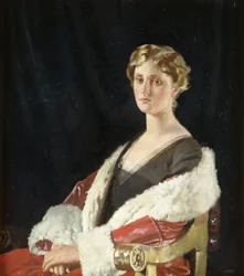 Porträtt av Nancy Oswald Smith, sittande halvlängd, i en röd pälsfodrad kappa, 1915