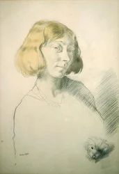 Vera Hone och hennes hund, ca 1912 (penna & tvätt på papper)