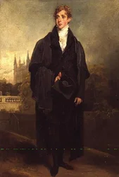 Porträtt av Henry Townley (1769-1825) stående i akademisk klädsel, Merton College, Oxford möjligen i bakgrunden.