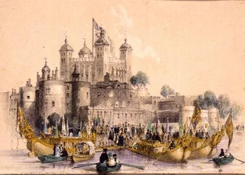 Ombordstigning av höger Hon. Lord Mayor i Tower of London (litho)