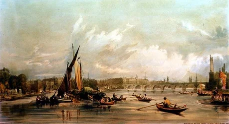 Waterloo Bridge från väst med en båtkapplöpning (litho)