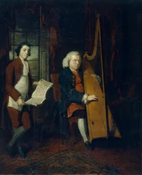 John Parry den blinde harpisten med en assistent, c1770-1780.