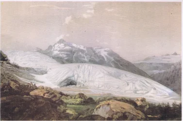Utsikt över berget Furka med Rhone-glaciären, från British Adventure publicerat av Collins, 1947