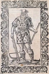Man med pälsklänning, armborst och skor med vriden spets (exempel på rudimentära skidor), illustration tillskriven Cesare Vecellio (1521-1601), publicerad i Italien på 1500-talet