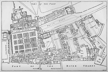 En förminskad kopia av Fishers Ground Plan av Royal Palace of Whitehall, tagen under Reign of Char