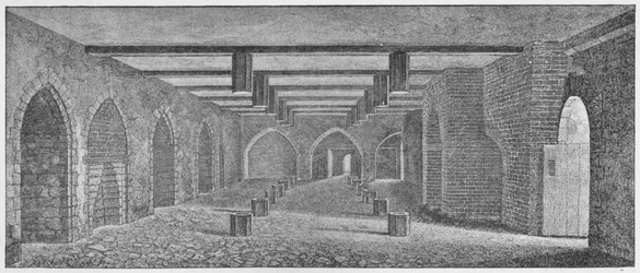 Interiören av krypten kallad Powder Plot Cellar under Old Palace of Westminster, c1883