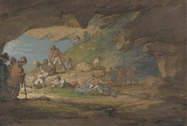 En grotta i solljus, med figurer