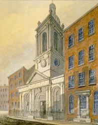 Nordostvy över Church of St Peter-le-Poer och Old Broad Street, City of London, 1815