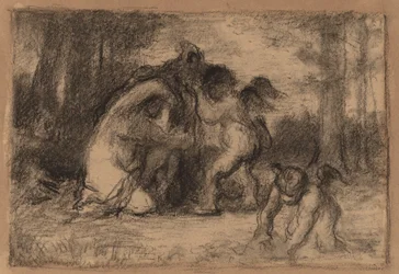 Skogbevuxen landskap med Putti som hjälper en kvinna att klä av sig