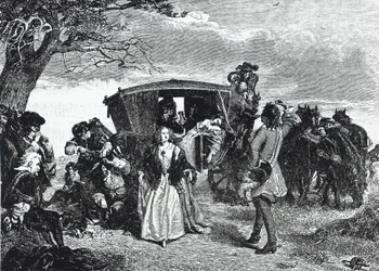 Stöldliggaren Claude Duval avbildad i det legendariska ögonblicket då han vägrar att ta med sig hela sitt byte om hustrun till hans offer dansar en "courante" med honom på Hounslow Heath (gravyr).