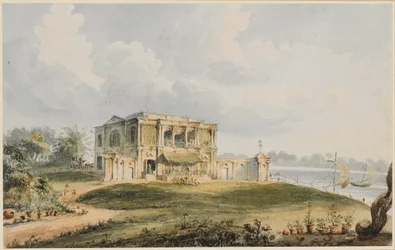 Utsikt över Charles Prinseps hus, Ishura vid Hooghlyfloden (svart krita, penna och brunt bläck med akvarell på papper)