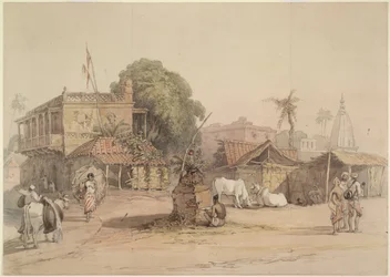 Byscen med ett litet "tulsi"-altare och en vattenbärare med sin tjur, Indien ca 1830-40