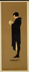Reproduktion av en affisch för reklam för pjäsen "Hamlet" (litho i färg)